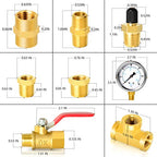 GASHER 10PCS Pipe Fitting Kit, Brass, 1/4" - 1/8" & 3/8" - 1/4" Fittings, T Fitting, Ball Valve, Pressure Gauge 0-60PSI - style: Pressure Gauge Kit（10Pcs）