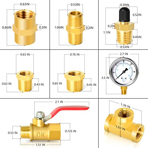 GASHER 10PCS Pipe Fitting Kit, Brass, 1/4" - 1/8" & 3/8" - 1/4" Fittings, T Fitting, Ball Valve, Pressure Gauge 0-60PSI - style: Pressure Gauge Kit（10Pcs）