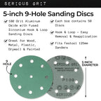 Serious Grit - 5-Inch 9-Hole P100 Grit Sanding Discs - 50 Pack Box - size: 100 Grit