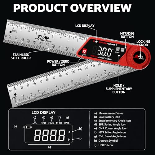 S&F STEAD & FAST Digital Angle Finder with Miter Button, 7 Inch / 200 mm - color: Red