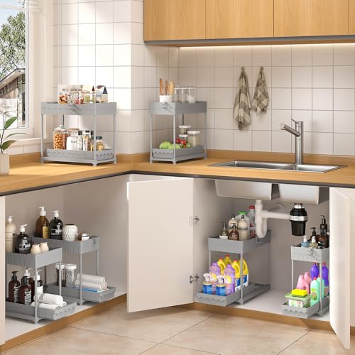 Sevenblue 3-Pack 2-Tier Under Sink Organizers with Sliding Drawers - color: Gray, size: 14.8 Inch