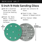 Serious Grit - 5-Inch 9-Hole P40 Grit Sanding Discs - 25 Pack Box - size: 40 Grit