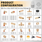 CheeMuii 300PCS Brass DOT Air Line Fittings with 4 Roll 200FT DOT Air Lines - size: 200FT-4ROLL-300PCS
