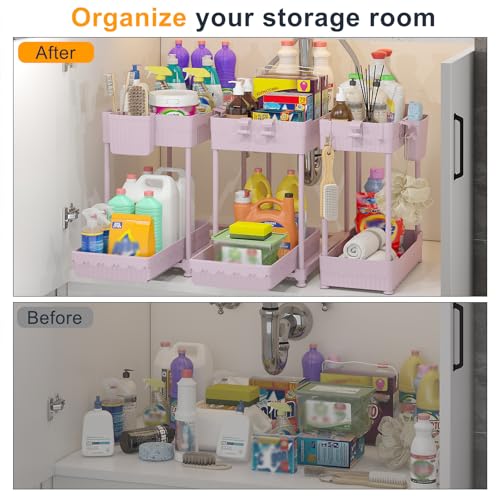 Sevenblue 3-Pack 2-Tier Under Sink Organizers with Sliding Drawers - color: Pink, size: 14.8 Inch