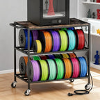 3D Printer Stand with Filament Storage, Heavy Duty Rolling Printer Cart on Wheels with Built-in Power Outlet, Small 3D Printer Table for Organizer Filament Spools, Workshop Office Garage Studios,Brown