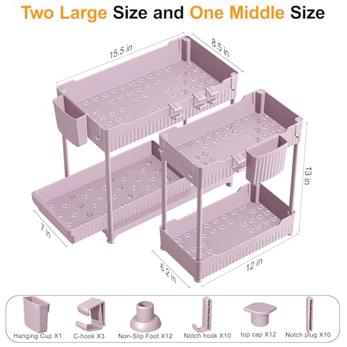 Sevenblue 3-Pack 2-Tier Under Sink Organizers with Sliding Drawers - color: Pink, size: 12.8 Inch