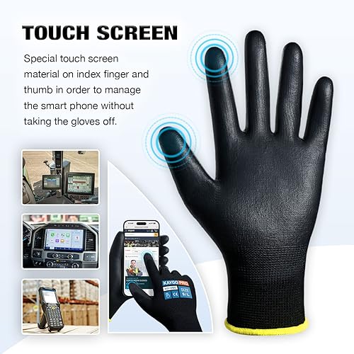 KAYGO Safety Work Gloves, PU Coated, 2-Finger Touchscreen, KG11P - color: Black (Touch Screen), size: XX-Large