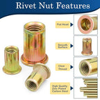 M4-0.7 Rivet Nut,190Pcs Zinc Plated Threaded Rivnuts Inserts - color: Yellow, size: Metric M4 - 190 Pcs