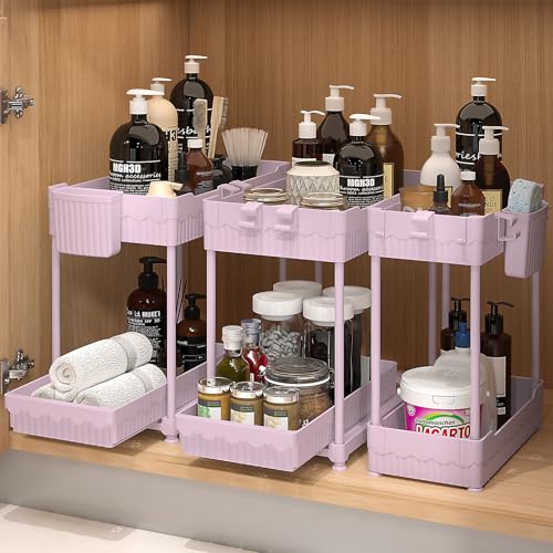 Sevenblue 3-Pack 2-Tier Under Sink Organizers with Sliding Drawers - color: Pink, size: 12.8 Inch