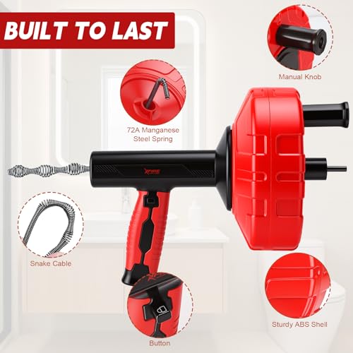 46 FT Drain Snake 11-in-1 Double Mode Drain Auger Tools - color: Red&Black-46FT-YY