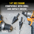 Klein Tools QRST14 Step Drill Bit, Quick Release, Spiral Double-Fluted, 3/16 to 7/8-Inch, Hex Shank, Cut Steel, Wood, Plastic, Aluminum - size: 3/16 to 7/8-Inch, style: Quick Release