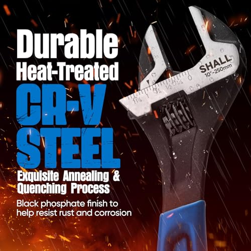 SHALL 10 Inch Adjustable Wrench, Cr-V Steel Spanner with Cushion Grip, Wide Jaw Black Oxide Wrench with Laser-etched SAE Scales for Home, Garage, Workshop and DIY - size: 10 inch