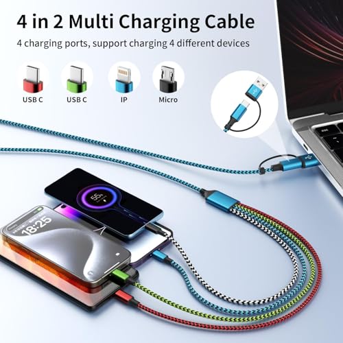 4 in 2 Multi Charging Cable, USBA/C Universal Charging Cords 4 Pack 5FT - color: White&Red&Black&Blue