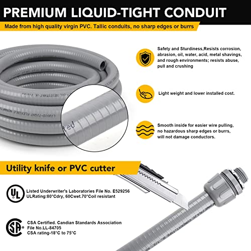 1-1/2(1.5) 25ft Liquid-Tight Conduit and Connector Kit,Flexible Non Metallic Liquid Tight Electrical Conduit Kit with 5 Straight and 3 90-Degree Connector Fittings,1-1/2in. Dia - size: 1-1/2 25ft