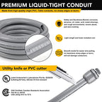 1/2inch 100ft Liquid-Tight Conduit and Connector Kit,Flexible Non-Metallic Liquid Tight Electrical Conduit Kit with 5 Straight and 3 90-Degree Connector Fittings,1/2 in. Dia - size: 1/2inch 100ft