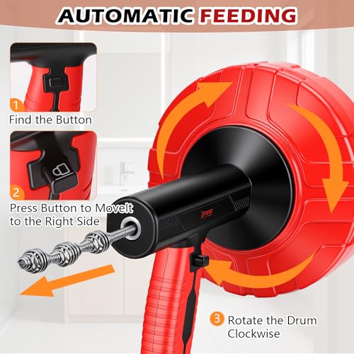 46 FT Drain Snake 11-in-1 Double Mode Drain Auger Tools - color: Red&Black-46FT-YY