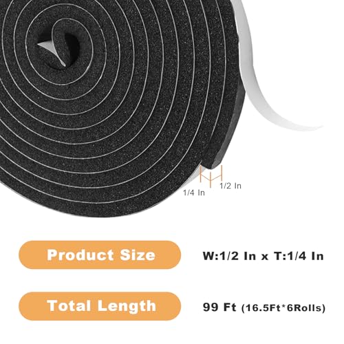 Foam Insulation Tape self Adhesive,1/2In x 1/4In x99Ft Weather Stripping for Doors and Windows,Sound Proof soundproofing Door Seal,Weatherstrip,Pipe Cooling, Air Conditioning Seal Strip - size: 1/2 in x 1/4 in x 99 ft