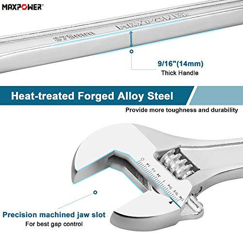 MAXPOWER 15" Adjustable Wrench, 1-3/4" Jaw Opening, Tapered Handle - size: 15"