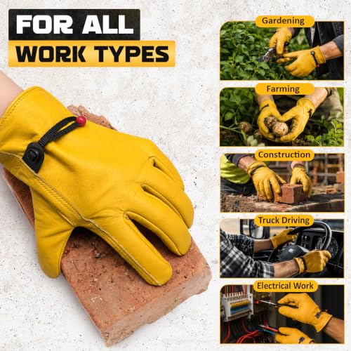 Cowhide Work Gloves Men & Women, Reinforced Palm, Puncture Resistanta - size: Medium