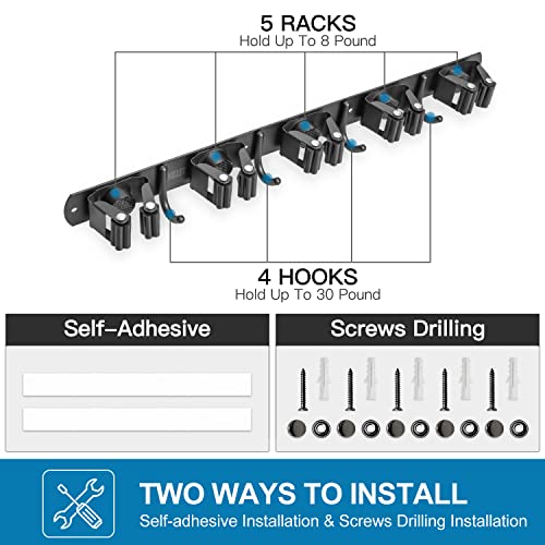 IMILLET Broom Holder Wall Mount,Heavy Duty Garage Organization Broom Hanger - color: 5 Racks with 4 Hooks, size: 1 Pack