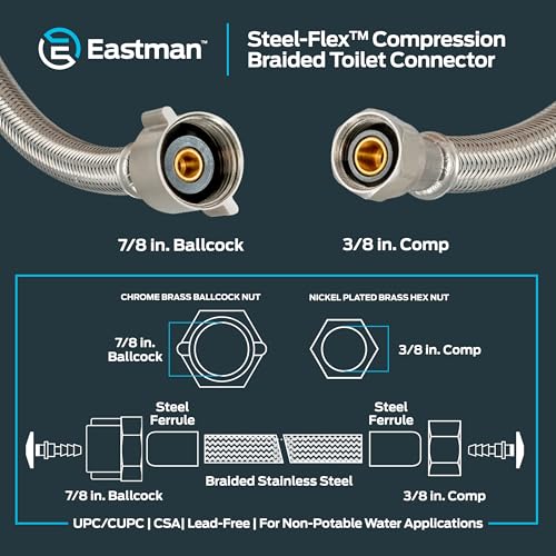 Eastman 12 Inch Flexible Toilet Connector, 7/8 Inch Ballcock x 3/8 Inch Compression, Stainless Steel Braided Hose, 48088 - size: 12 in. L x 7/8 in. B/C x 3/8 in. Comp