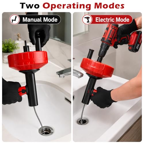 46 FT Drain Snake 11-in-1 Double Mode Drain Auger Tools - color: Red&Black-46FT-YY