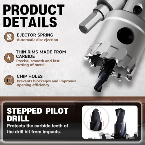 Metal Hole Saw 1/2''(13mm) 2Pcs Set Heavy Duty Tungsten Carbide Tipped Hole Cutters Set with a nitrided Step Drill and L-flench, for Steel Iron,Aluminum,Stainless stell,Plastic - size: 1/2''(13mm)-2PCS