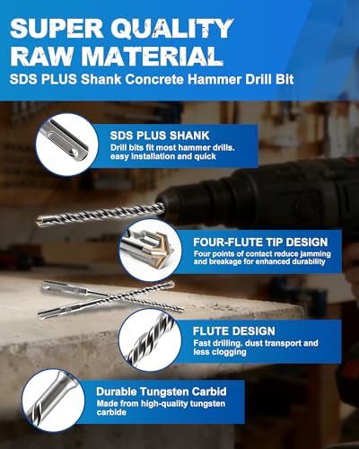 SDS Plus Carbide Cross Tip Concrete Drill Bit - 1/2" SDS-Plus Hammer Drill Set for Concrete, Brick, Stone & Masonry - 8" Length (10-Piece) - size: 1/2"x8"