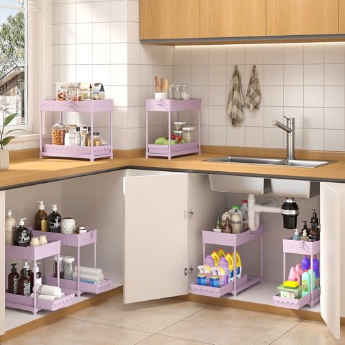 Sevenblue 3-Pack 2-Tier Under Sink Organizers with Sliding Drawers - color: Pink, size: 14.8 Inch