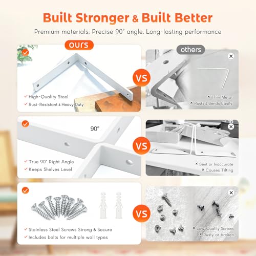 Shelf Bracket 8 Pack 8" Lx8 H 5mm Thick Heavy Duty White L Brackets - color: White-8pack, size: 8"Lx8"Wx1.5"W