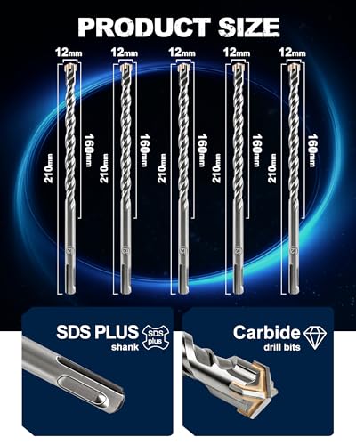 SDS Plus Carbide Cross Tip Concrete Drill Bit - 1/2" SDS-Plus Hammer Drill Set for Concrete, Brick, Stone & Masonry - 8" Length (10-Piece) - size: 1/2"x8"