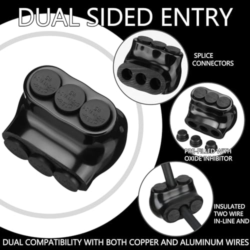 Kanayu 5 Pcs Black Insulated Multi Cable Connector, 3 Ports Electric Wire Connectors and Soldering Lugs, Single Side Entry Cable Splicers, with Oxide Inhibitor (2-14 Wire Range,1.98" X 1.30") - size: 2-14 Wire Range,1.98" x 1.30"