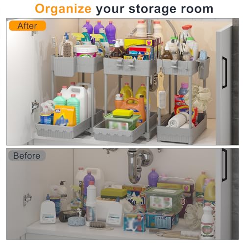 Sevenblue 3-Pack 2-Tier Under Sink Organizers with Sliding Drawers - color: Gray, size: 14.8 Inch