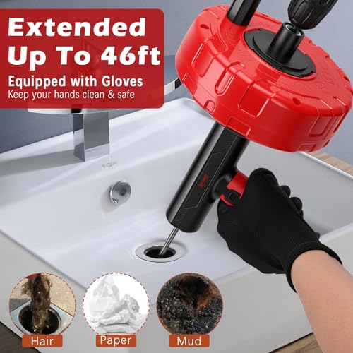 46 FT Drain Snake 11-in-1 Double Mode Drain Auger Tools - color: Red&Black-46FT-YY