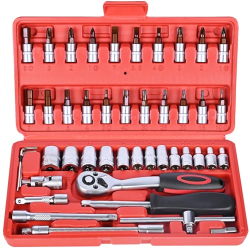 Egofine 46 Pieces 1/4 inch Drive Socket Ratchet Wrench Set Nickel Tool - color: Silver