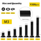 1320pcs M3 Flat Head Screws Assortment Kit, M3x4/6/8/10/12/16/20 mm - size: M3 1320pcs