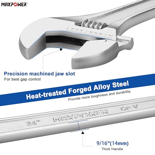 MAXPOWER 24" Adjustable Wrench, 2.4" Jaw Opening, Tapered Handle - size: 24"