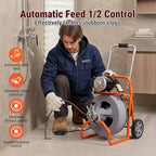 HoldwellS 75FT x 1/2 Inch Drain Cleaner Machine, Auto Feed Electric Drain Auger for 2"-4" Pipes, Enclosed Plastic Drum with 4 Cutters & Pneumatic Foot Switch, Sewer Snake Auger - color: 75FT x 1/2inch (Auto Feed)