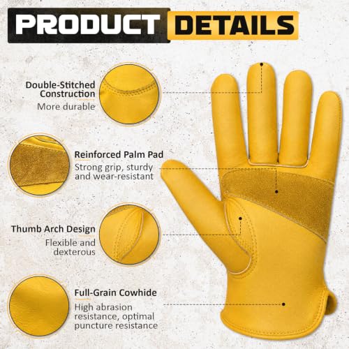 Cowhide Work Gloves Men & Women, Reinforced Palm, Puncture Resistanta - size: Medium