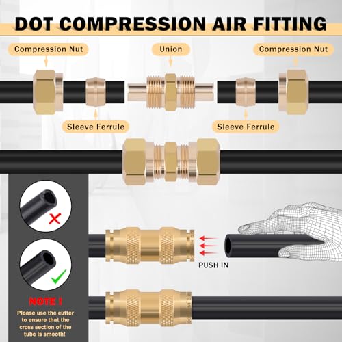 CheeMuii 86 Pcs Brass DOT Air Line Fittings with 1/4" & 3/8" DOT Air Hoses - size: 2ROLL-90PCS