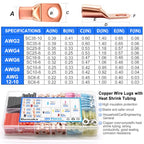 180Pcs Copper Wire Lugs Kit, Battery Cable Ring Terminal Connector with Heat Shrink Tubing, AWG 2 4 6 8 10 12 14 16 Gauge Heavy Duty Wire Connectors Terminal Set for Car Solar Marine RV Wiring - size: 180Pcs