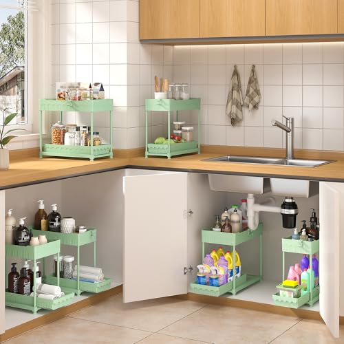 Sevenblue 3-Pack 2-Tier Under Sink Organizers with Sliding Drawers - color: Green, size: 12.8 Inch
