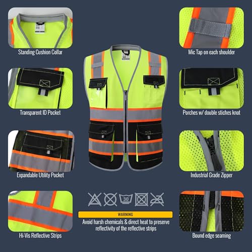 JKSafety Safety Vest for Men Women Hi Vis with Pockets and Cushioned Collar Construction Vest Meet ANSI Standard (BX360) - color: Yellowblack, size: XX-Large