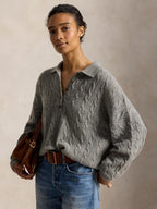 PoloRalph Lauren Cable Knit Wool Cashmere Polo Jumper - Large Size - Grey