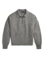 PoloRalph Lauren Cable Knit Wool Cashmere Polo Jumper - Large Size - Grey