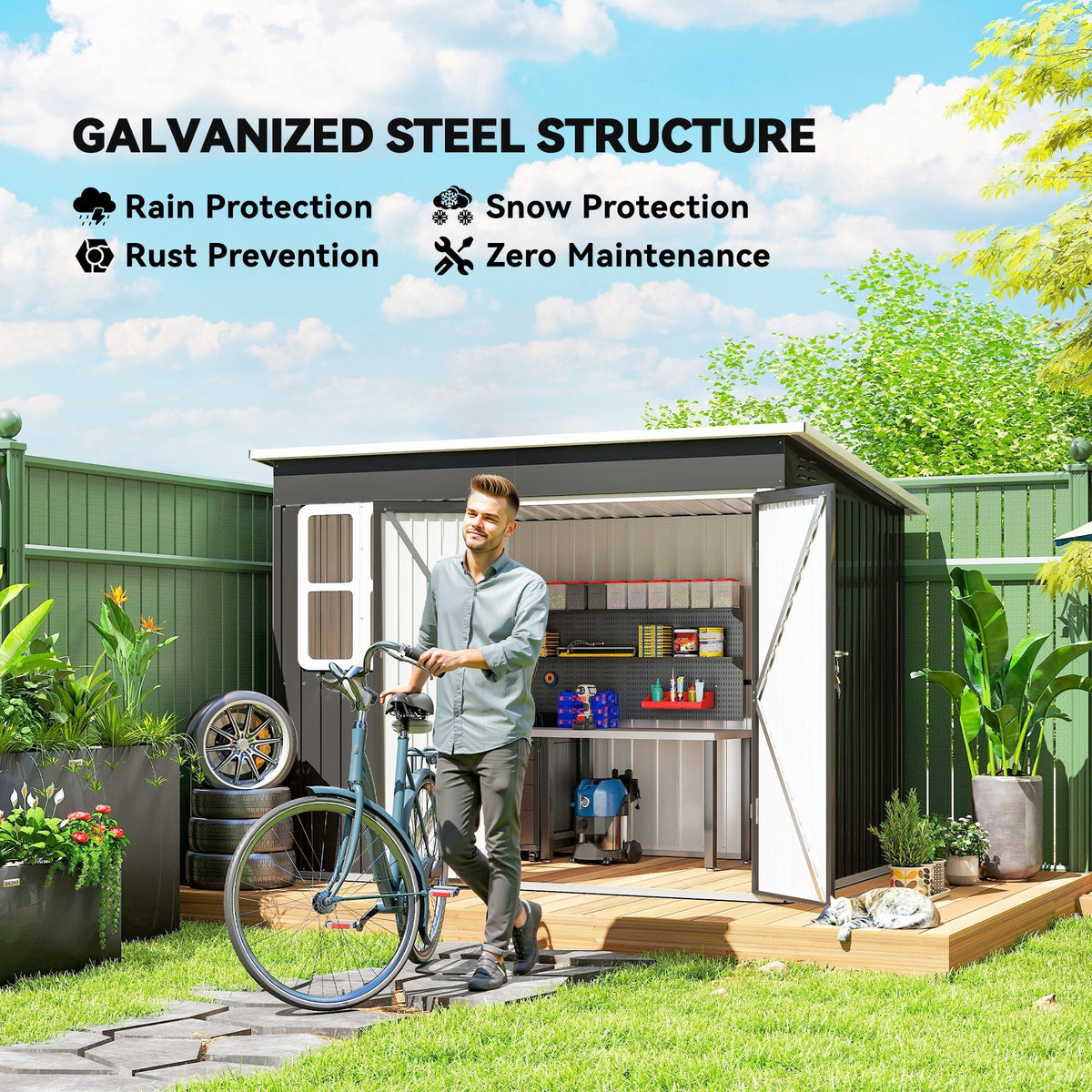8.5' x 6' Galvanized Steel Outdoor Storage Shed with Window & Lockable Door, Dark Grey