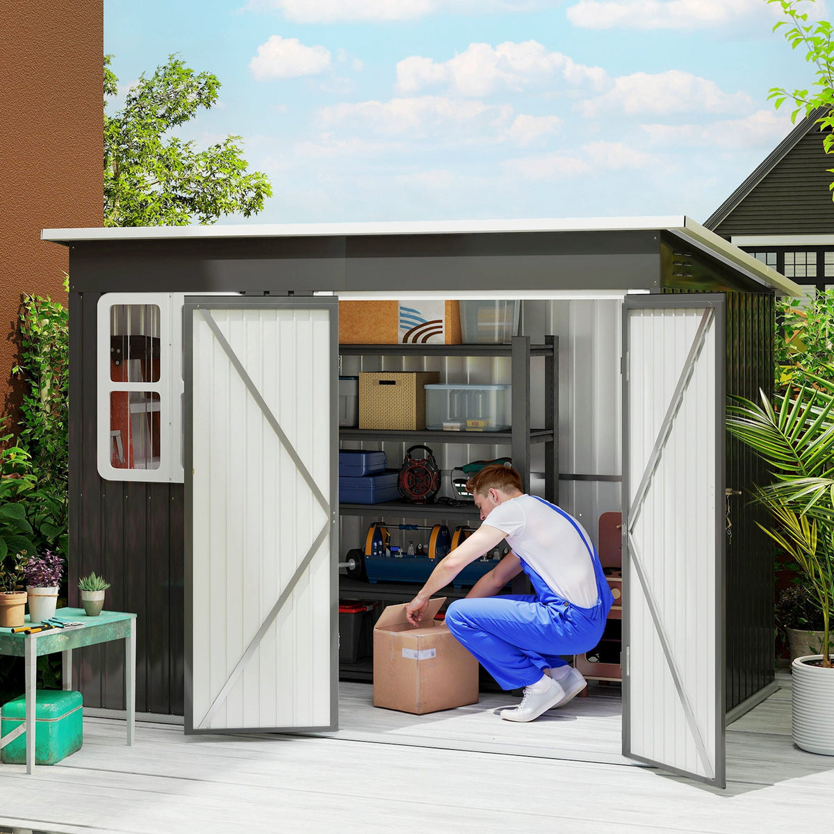 8.5' x 6' Galvanized Steel Outdoor Storage Shed with Window & Lockable Door, Dark Grey