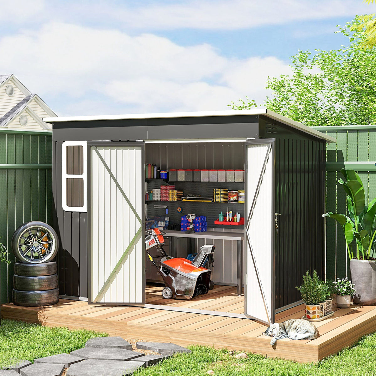 8.5' x 6' Galvanized Steel Outdoor Storage Shed with Window & Lockable Door, Dark Grey