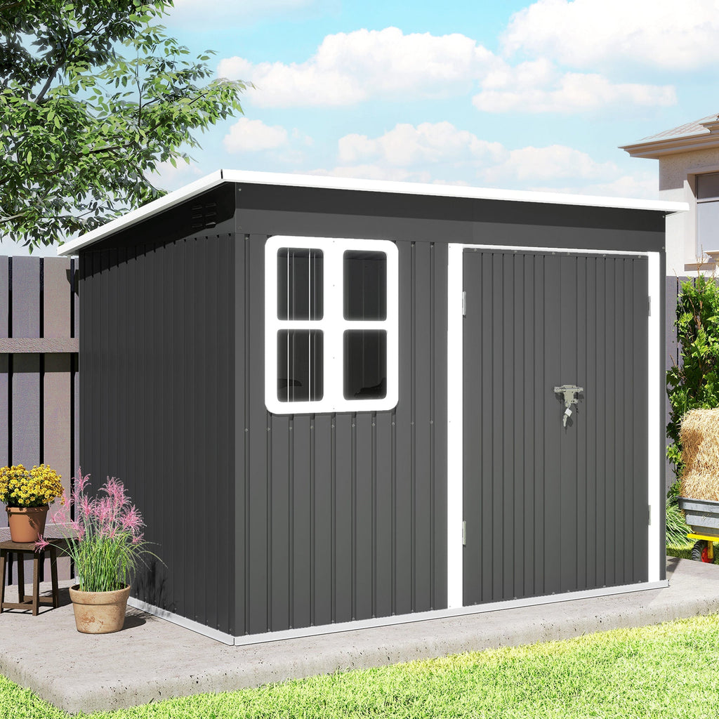 8.5' x 6' Galvanized Steel Outdoor Storage Shed with Window & Lockable Door, Dark Grey