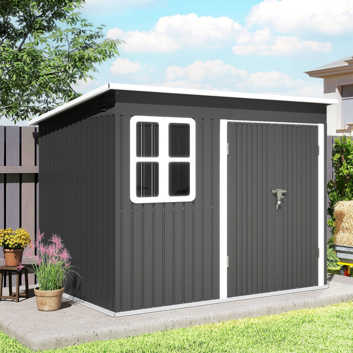 8.5' x 6' Galvanized Steel Outdoor Storage Shed with Window & Lockable Door, Dark Grey